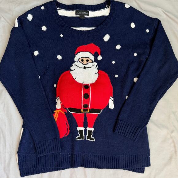 Blizzard Bay Sweaters - Blizzard Bay, Navy/White, Santa (Plush Belly), Striped, Holiday Sweater- L